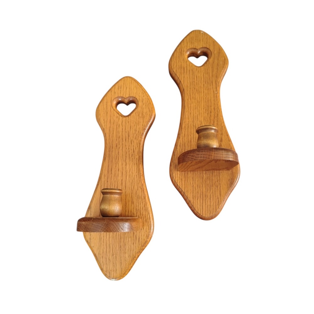 Vintage solid wood heart cutout candle holders /sconces